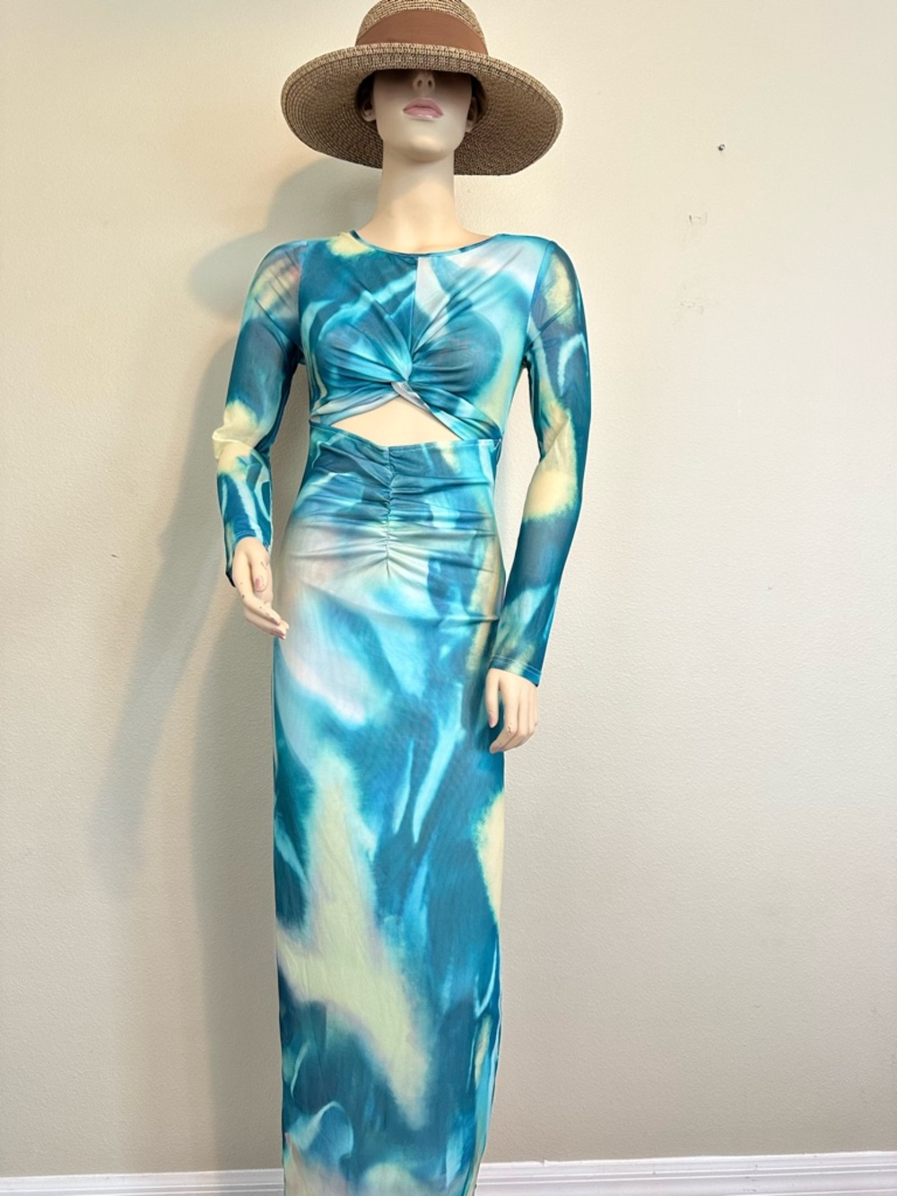 Blue Abstract Print Twist Front Cutout Maxi Dress Long Sleeve